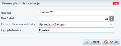 Uzupełnianie słowników 12 - data wystawienia dokumentu, - data wpływu dokumentu (tylko dla dokumentów zakupu). 6. Zatwierdź wprowadzone dane, klikając przycisk Zapisz. Ćwiczenie 12.