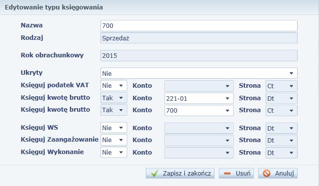 Definiowanie parametrów aplikacji 26 6. Korzystając z listy rozwijalnej w polu Ukryty, określ czy dany typ księgowania ma być widoczny dla użytkownika.