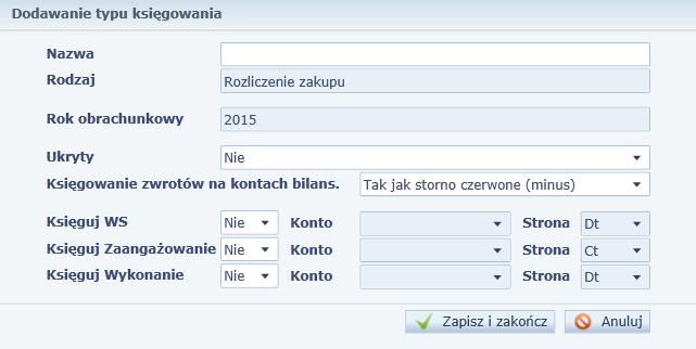 W polu Księguj podatek VAT, korzystając z listy rozwijalnej, określ czy w danym typie księgowania ma być uwzględniany podatek VAT. 8.