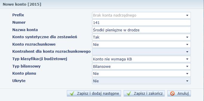 Uzupełnianie słowników 6 3. Kliknij przycisk Dodaj otworzy się okno Plan kont. 4. Pozostaw bez zmian pole Prefix. 5. Wpisz numer i nazwę dodawanego konta. 6. Ustal, czy dane konto ma być kontem syntetycznym dla zestawień i kontem rozrachunkowym skorzystaj z list rozwijalnych.