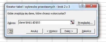 3. w kolejnym oknie należy wskazać dane, na podstawie których ma zostać wygenerowana tabela.