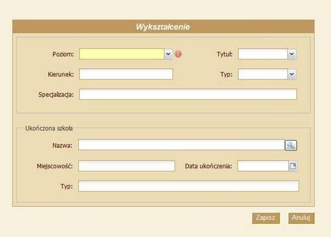 4. Wykształcenie: (Rys.10) W oknie Wykształcenie (Rys. 10) wciśnij przycisk Dodaj wykształcenie, a następnie wprowadź informacje o poziomie wykształcenia.