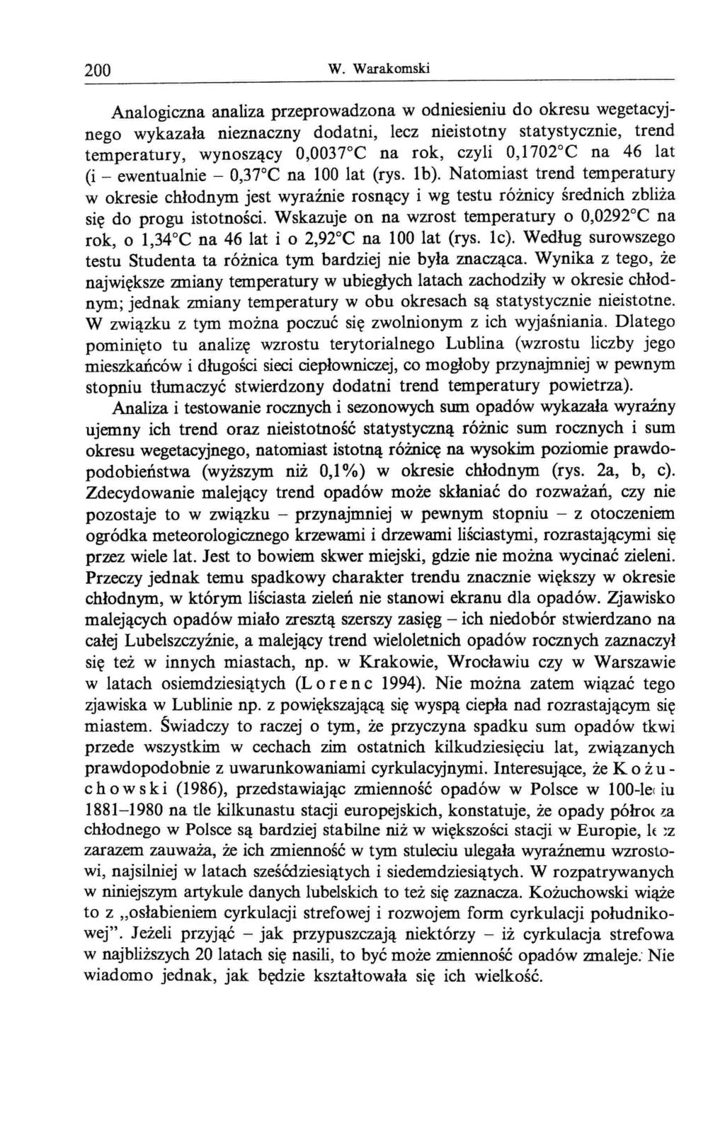 200 W Warakomski Analogiczna analiza przeprowadzona w odniesieniu do okresu wegetacyjnego wykazała nieznaczny dodatni, lecz nieistotny statystycznie, trend temperatury, wynoszący 0,003 re na rok,