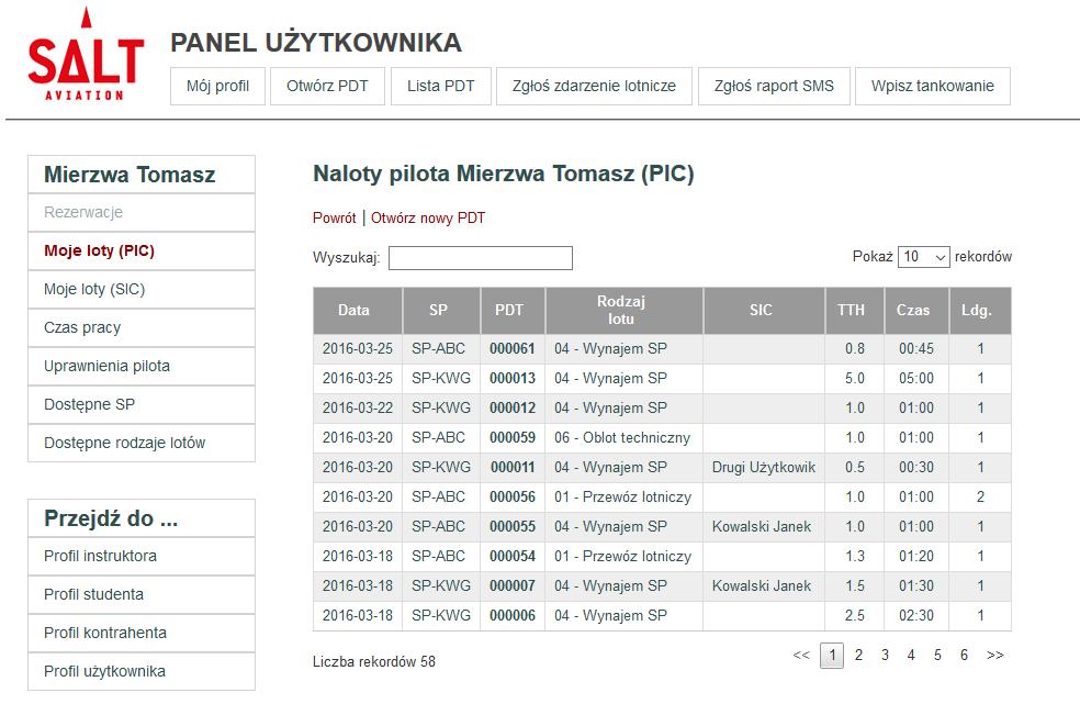Str. 10 Profil pilota Opcje nawigacji w tabeli z listą lotów dostępne są również dla większości pozostałych tabel prezentowanych w systemie.