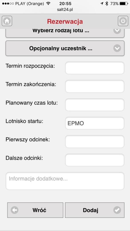 Pola które należy wypełnić w wersji mobilnej są takie same jak w pełnej wersji systemu.