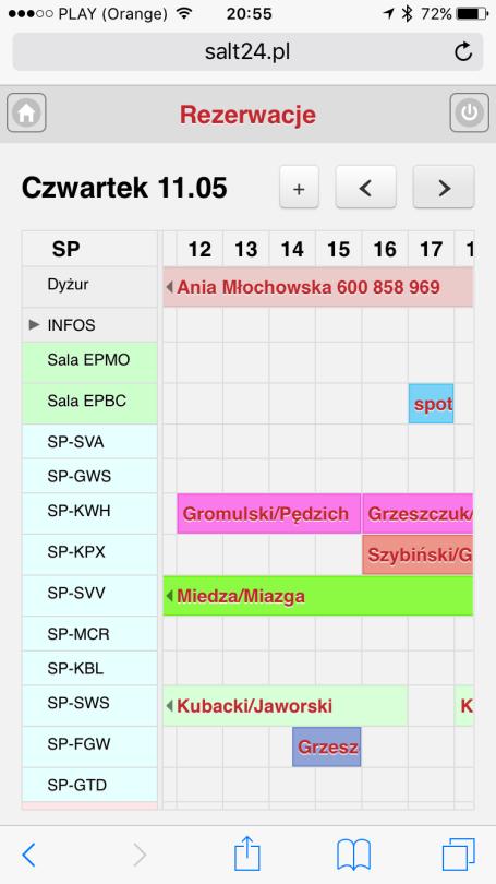 W prawym górnym rogu znajdują się przyciski nawigacyjne umożliwiające: dodanie nowej rezerwacji przejście do poprzedniego dnia przejście do następnego dnia Po lewej stronie kalendarza znajduje się