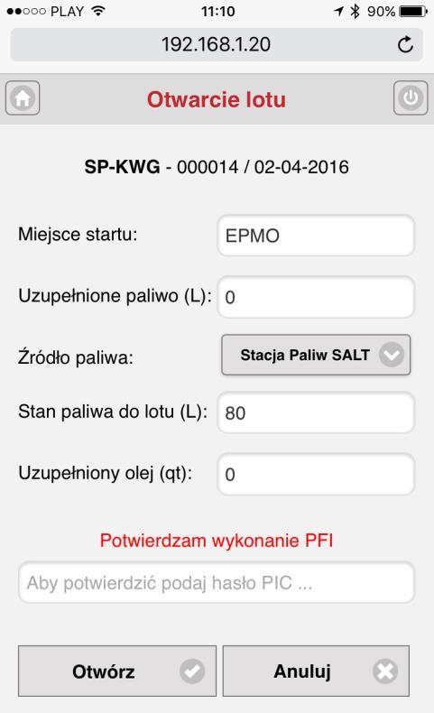 Str. 30 PDT w wersji mobilnej Otwieranie operacji w wersji mobilnej Aby otworzyć nową operację na PDT w wersji mobilnej należy wybrać opcję Otwórz lot w menu głównym systemu.