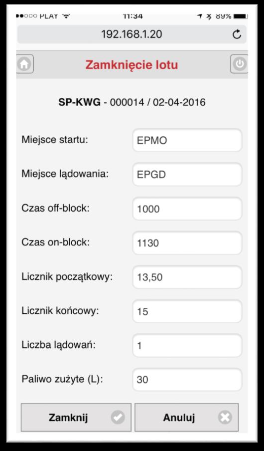Str. 31 PDT w wersji mobilnej Zamykanie operacji w wersji mobilnej Aby przejść do zamykania operacji w wersji mobilnej należy wybrać opcję Zamknij lot w menu głównym systemu.