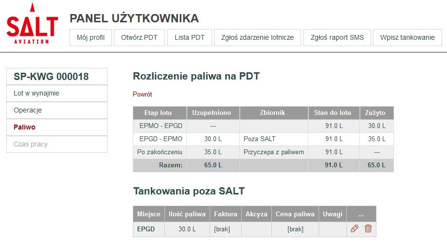 Str. 37 Przeglądanie i edycja PDT Rozliczenie paliwa na PDT Po wybraniu opcji Paliwo w menu bocznym prezentowane są najważniejsze informacje związane z rozliczeniem paliwa na danym PDT: Jak widać