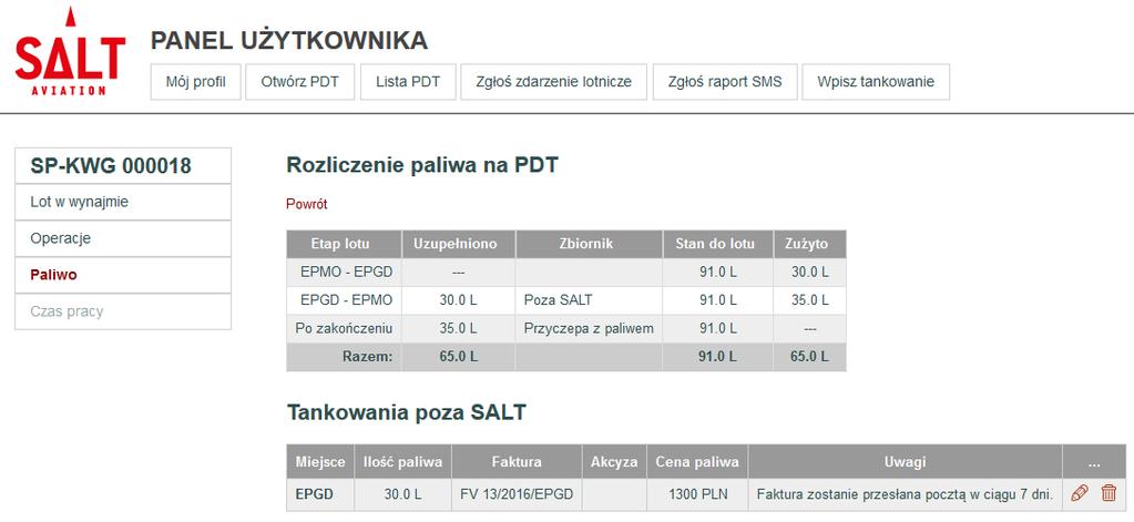 Str. 38 Przeglądanie i edycja PDT W przypadku tankowań poza SALT należy podać wartość zakupionego paliwa oraz numery faktury oraz dokumentu akcyzy.
