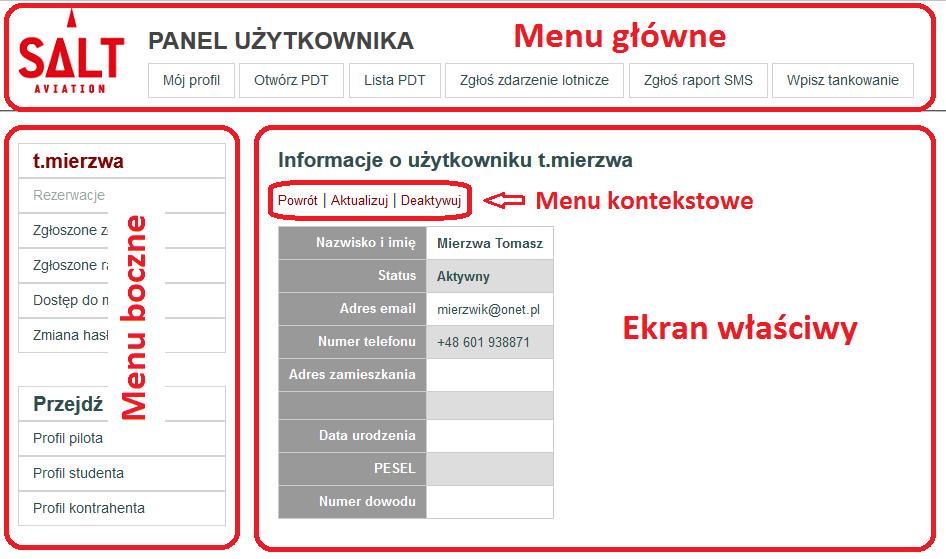 Str. 06 Panel użytkownika Opisany tutaj podział na obszary pojawia się na większości pozostałych ekranów w systemie.