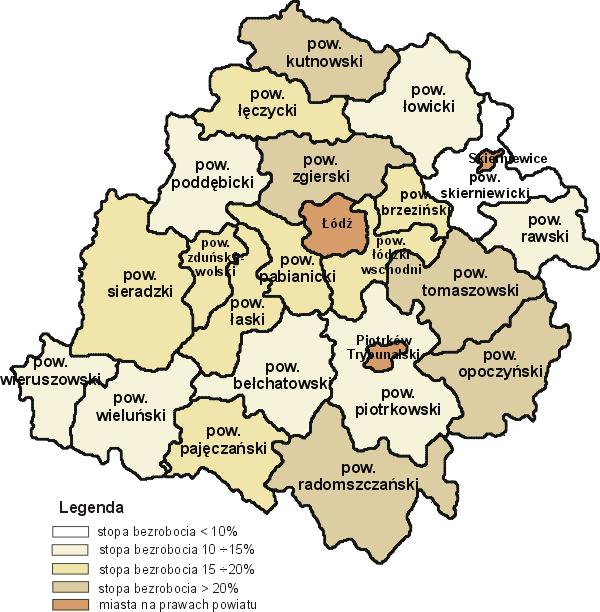Bezrobocie jest dużym problemem wpływającym na zadowolenie mieszkańców i poziom ich życia. W województwie łódzkim stopa bezrobocia w kwietniu 2006 roku wynosiła 17,4%.