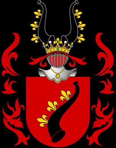 Cholewa (But), oder kreuzweise übereinander gelegt sind; Helmschmuck: drei Pfauenfedern. Dieses Wappen führen die.