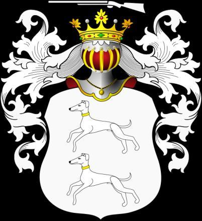 Klonicki Die adlige polnische Familie Klopotek (Klopotk). Wappenbeschreibung: Klopotek (Klopotk). Zwei laufende Hunde untereinander; Helmschmuck: eine wagerecht liegende Flinte.