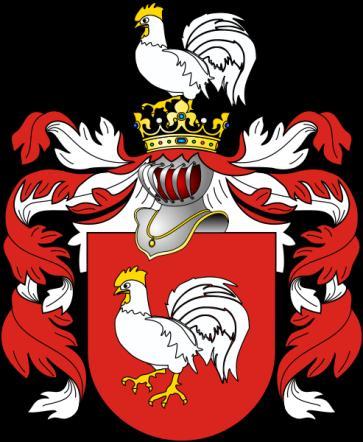 Die adlige polnische Familie Kurek Wappenbeschreibung: Kurek In rotem Felde auf schwebendem grünen Boden ein silberner Hahn mit goldenem Kamm und goldnen Lappen; Helmschmuck, ein gleicher Hahn (Kur).