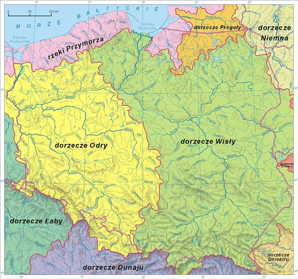 Obszar Polski znajduje się w zlewisku kilku mórz: Morza Bałtyckiego (99,7% obszaru Polski), w dorzeczach rzek: Wisły (55,2%), Odry (33,9%), mniejszych rzek Przymorza (7,4%), tj.