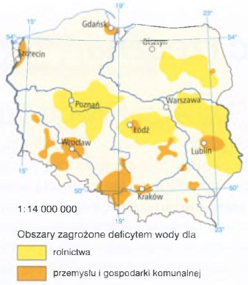Znaczną część Polski zajmują obszary zagrożone deficytem wody.