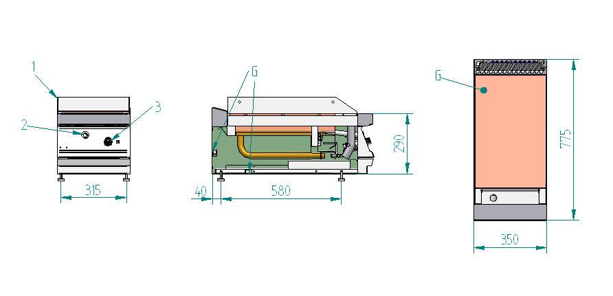 G: przyłącze gazu ¾ 1: płyta do smażenia 2: rurka odpalania