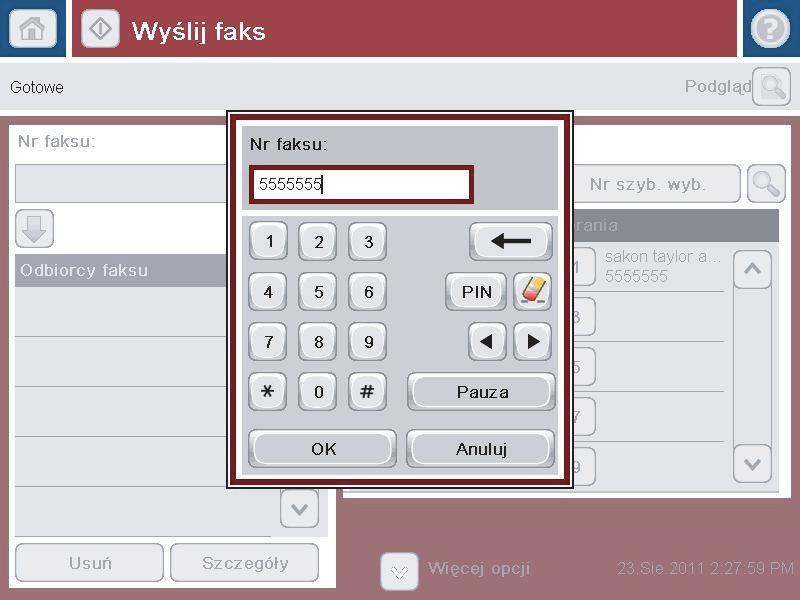 4. Dotknij pola Nr faksu, aby otworzyć klawiaturę numeryczną. 5. Wpisz numer telefonu, a następnie dotknij przycisku OK. 6. Dotknij przycisku Start, aby wysłać faks.