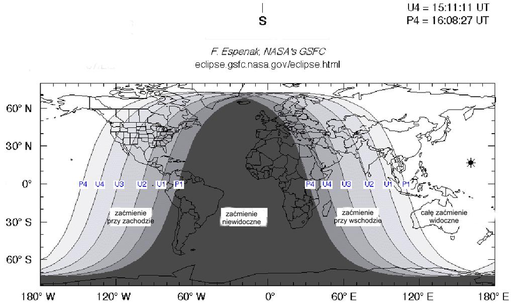 zachodniej części Oceanu Spokojnego przy zachodzie Księżyca; na Atlantyku, w Ameryce Południowej, w zachodniej części Afryki oraz w Europie przy wschodzie Księżyca.