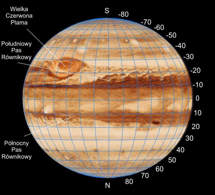 Widok Jowisza w teleskopie (południe u góry) z