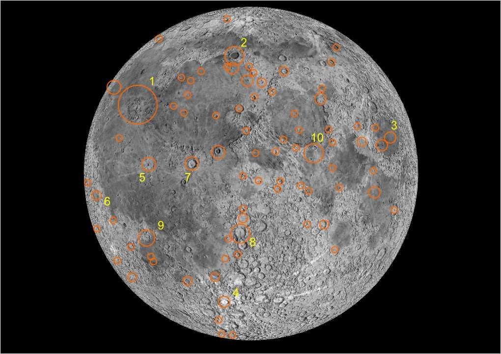Rozmieszczenie TLP na Księżycu wg katalogu Middlehurst i in. (1968). Rozmiar symbolu jest proporcjonalny do liczby zarejestrowanych zjawisk dla danego tworu powierzchniowego.