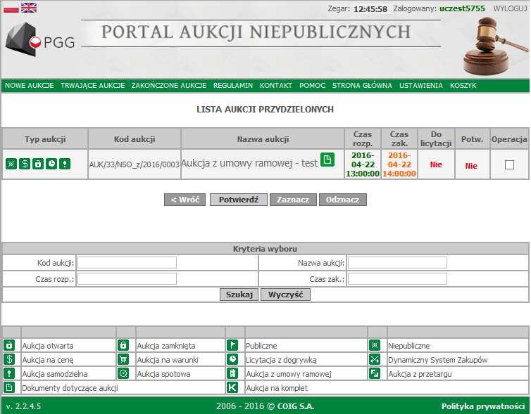 W celu sprawdzenia do jakich konkretnie aukcji został przydzielony zalogowany użytkownik, należy wejść na zakładkę Nowe aukcje -> Przydzielone aukcje.