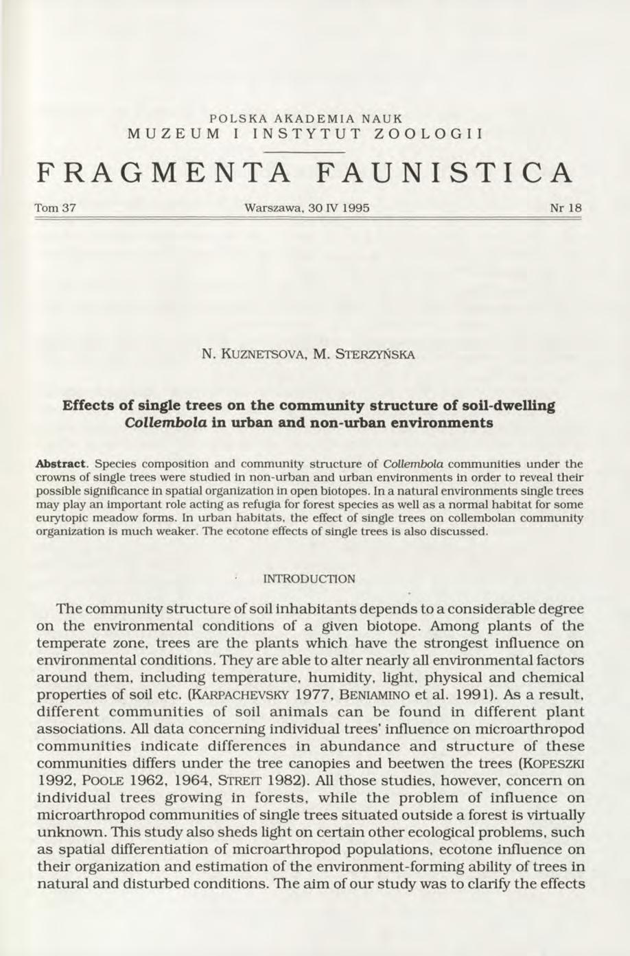 POLSKA AKADEMIA NAUK MUZEUM I INSTYTUT ZOOLOGII FRAGMENTA FAUNISTICA Tom 37 Warszawa, 30 IV 1995 Nr 18 N. K u z n e ts o v a, M.