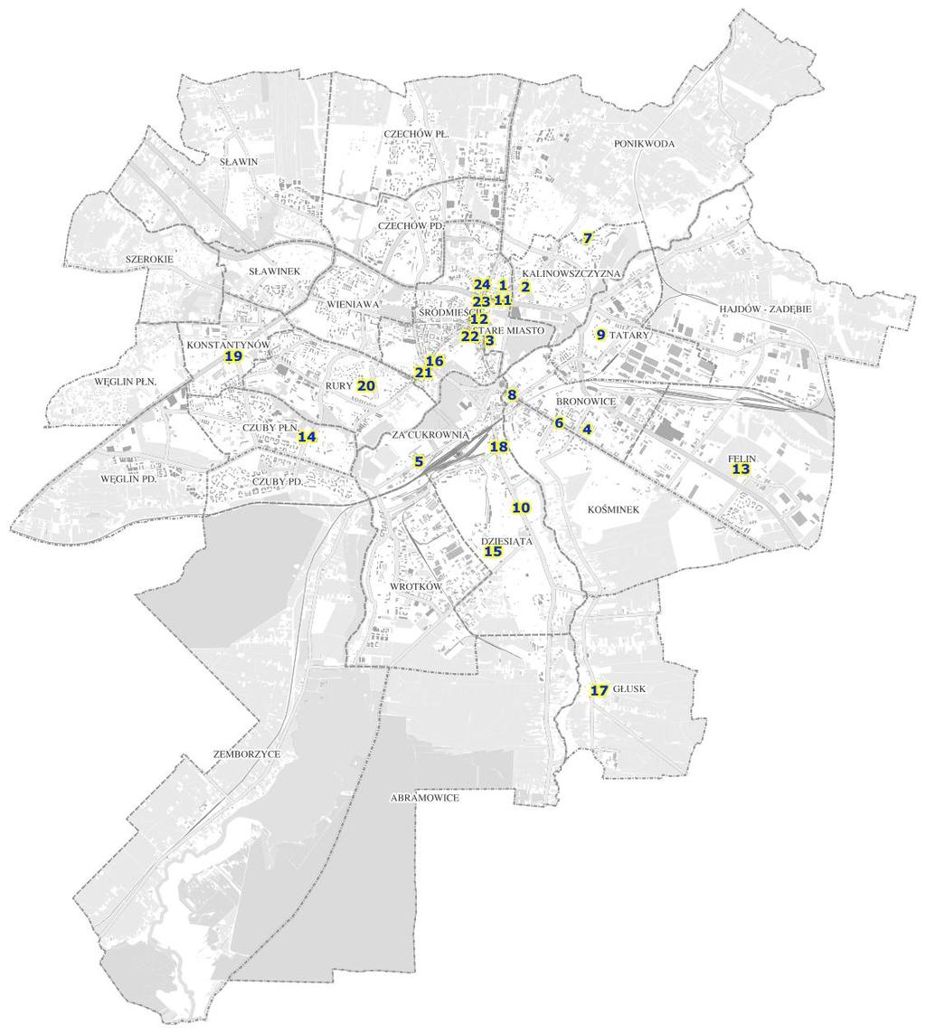 Mapa 2. Placówki wsparcia dziennego na terenie Miasta Lublin w 2016 roku Placówki wsparcia dziennego opiekuńcze 1 - Dom św. Józefa dla Dzieci i Młodzieży. Ognisko Wych. - ul. ks. M. Słowikowskiego 1a 2 - Salezjańska Świetlica Środowiskowa im.