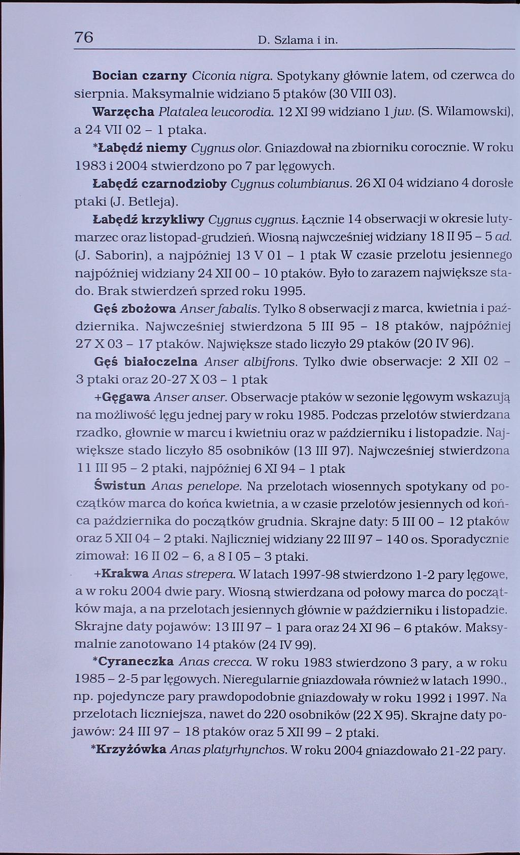 76 D. Szlama i in. Bocian czarny Ciconia nigra. Spotykany głównie latem, od czerwca do sierpnia. Maksymalnie widziano 5 ptaków (30 VIII 03). Warzęcha Platalea leucorodia. 12 I 99 widziano 1 juv. (S.