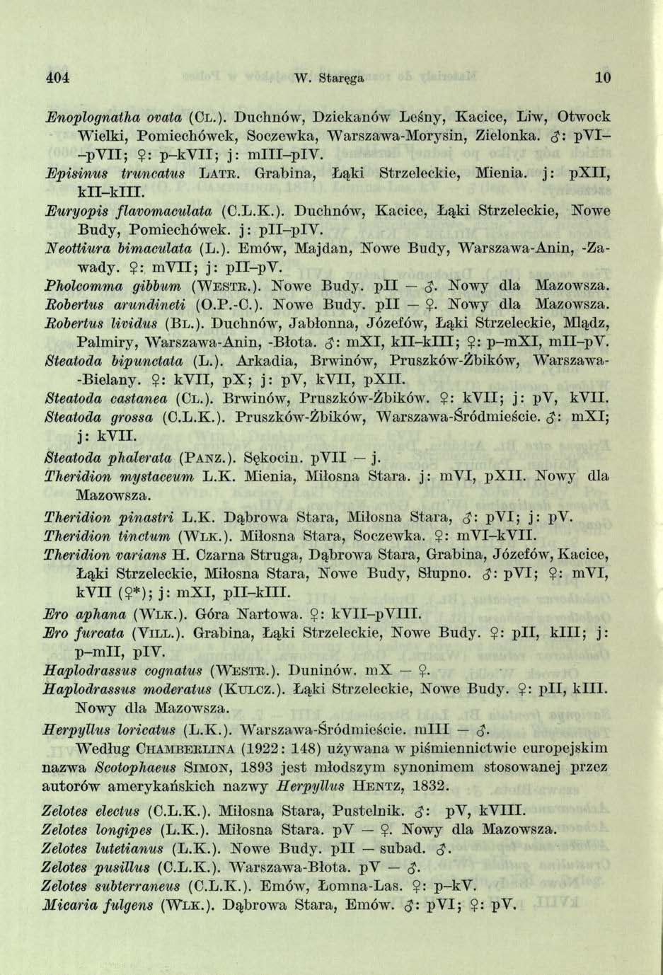 404 W. Staręga 10 Enoplognatha ovata (Cl.). Duchnów, Dziekanów Leśny, Kacice, Liw, Otwock Wielki, Pomiechówek, Soczewka, Warszawa-Morysin, Zielonka. p Y I- -p Y II;?: p -k V II; j: m lll-p IY.