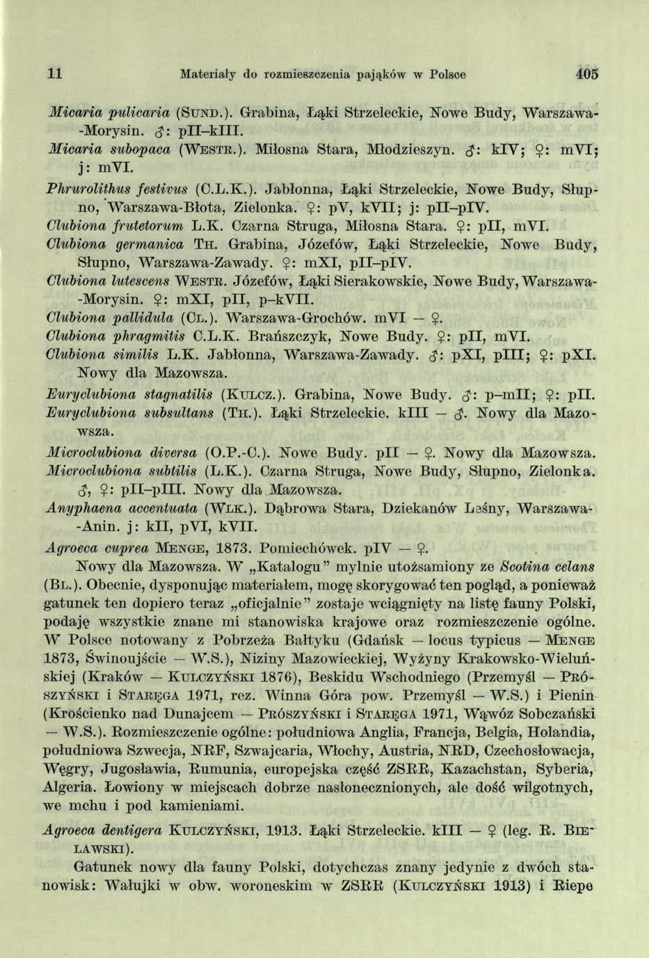 11 Materiały do rozmieszczenia pająków w Polsce 405 Micaria pulicaria (Su n d.). Grabina, Łąki Strzeleckie, Nowe Budy, Warszawa- -Morysin. S- p ll- k lll. Micaria subopaca (W e ste.). Miłosna Stara, Młodzieszyn.