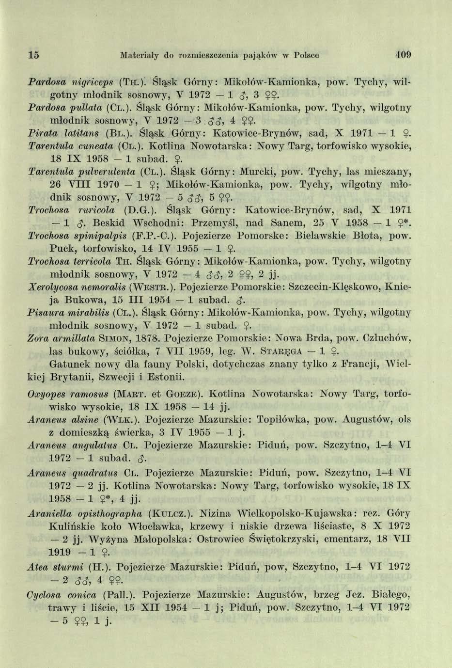 15 Materiały do rozmieszczenia pająków w Polsce 409 Pardosa nigriceps (Th.). Śląsk Górny: Mikołów-Kamionka, pow. Tychy, wilgotny młodnik sosnowy, Y 1972 1 ęj, 3 Pardosa pullata (Ol.). Śląsk Górny: Mikołów-Kamionka, pow. Tychy, wilgotny młodnik sosnowy, V 1972 3 3<$i 4 Pirata latitans (Bl.