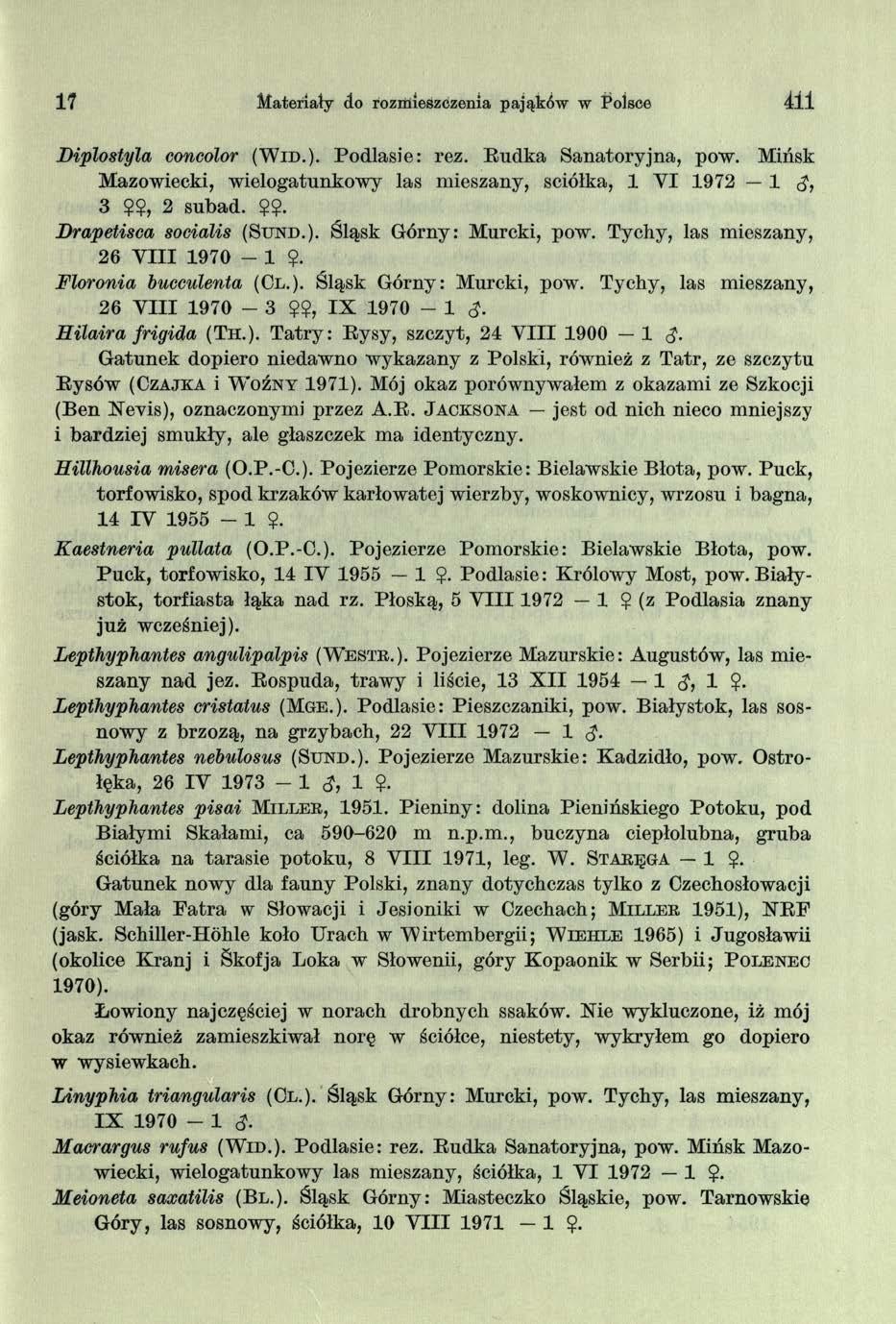 17 Materiały do roznneszczenia pająków w Polsce d l i Diplostyla eoneolor (Wid.). Podlasie: rez. Rudka Sanatoryjna, pow.
