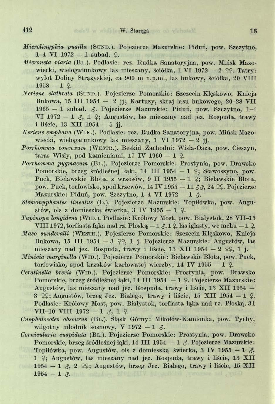 412 W. Staręgil 18 Microlinyphia pusilla (Stjnd.). Pojezierze Mazurskie: Piduń, pow. Szczytno, 1-4 VI 1972-1 subad.?. Microneta viaria (B l.). Podlasie: rez. R udka Sanatoryjna, pow.
