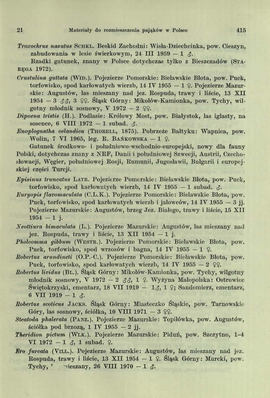 21 Materiały do rozmieszczenia pająków w Polsce 415 Troxochrus nasutus Schkl. Beskid Zachodni: Wisła-Dziechcinka, pow. Cieszyn, zabudowania w lesie świerkowym, 24 I I I 1959 1 <?