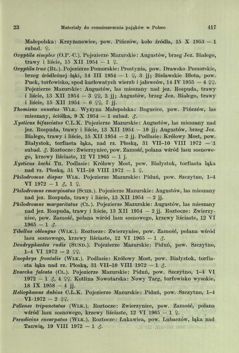 23 Materiały do rozmieszczenia pająków w Polsce 417 Małopolska: Krzyżanowice, pow. Pińczów, koło źródła, 15 X 1953 1 subad. $. Oxyptila simplex (O.P.-C.). Pojezierze Mazurskie: Augustów, brzeg Jez.