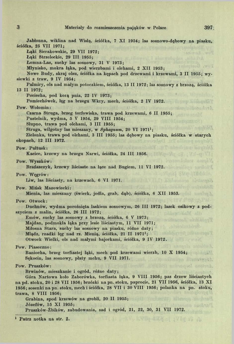 3 Materiały do rozmieszczenia pająków w Polsce 397 Jabłonna, wiklina nad Wisłą, ściółka, 7 X I 1954; las sosnowo-dębowy na piasku, ściółka, 25 VII 1971; Łąki Sierakowskie, 29 VII 1972; Łąki
