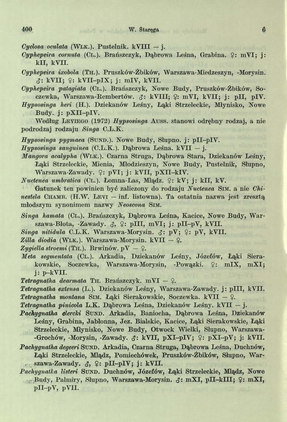 400 W. Staręga 6 Cyclosa oculata (W l k.). Pustelnik. k Y III j. Cyphepeira cornuta (Cl.). Brańszczyk, Dąbrowa Leśna, Grabina.?: mvi; j: k il, ky II. Cyphepeira ixobola (Th.). Pruszków-Żbików, Warszawa-Miedzeszyn, -Morysin.