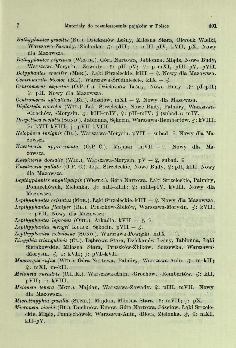 Materiały do rozmieszczenia pająków w Polsce 401 Bathyphantes gracilis (Bl.). Dziekanów Leśny, Miłosna Stara, Otwock Wielki, Warszawa-Zawady, Zielonka. p ili;?: m lll-p IY, kyii, px.