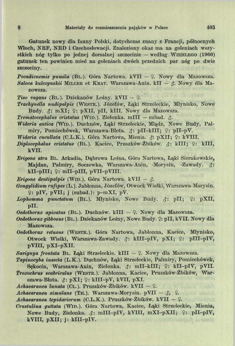 9 Materiały do rozmieszczenia pająków w Polsce 403 Gatunek nowy dla fauny Polski, dotychczas znany z Francji, północnych Włoch, N RF, NRD i Czechosłowacji.