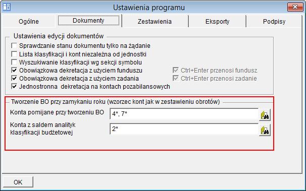 W oknie Ustawienia programu przejdź na kartę Dokumenty i w sekcji Tworzenie BO przy zamykaniu roku (wzorzec kont jak w zestawieniu obrotów) w odpowiednie pola