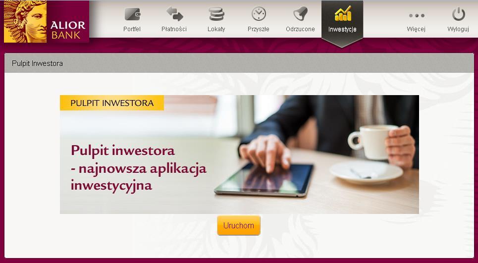 2.2. Uruchomienie na tablecie Aby uruchomić Pulpit Inwestora na tablecie, należy zalogować się do bankowości internetowej wpisując w przeglądarce adres https://m.aliorbank.pl/tablet/do/login.