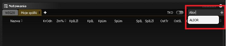 Po utworzeniu zakładki, należy dopisać do niej instrumenty, których notowania mają być wyświetlane. Do tego celu należy skorzystać z okna w prawym górnym rogu komponentu.