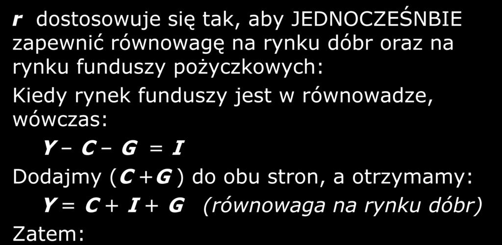 Szczególna rola r r dostosowuje się tak, aby JEDNOCZEŚNBIE zapewnić równowagę na rynku dóbr oraz na rynku funduszy pożyczkowych: Kiedy rynek funduszy jest w