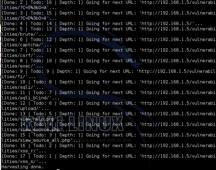 Wykorzystując funkcję spider w programie Burp Suite wyszukane zostały wszystkie adresy URL i linki znajdujące się na badanej stronie internetowej