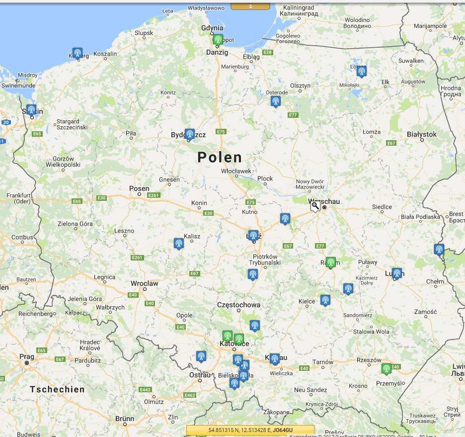 Dodatek B Sieć przemienników w Polsce Rys. B.1. Mapa polskich przemienników C4FM w październiku 2017 roku.