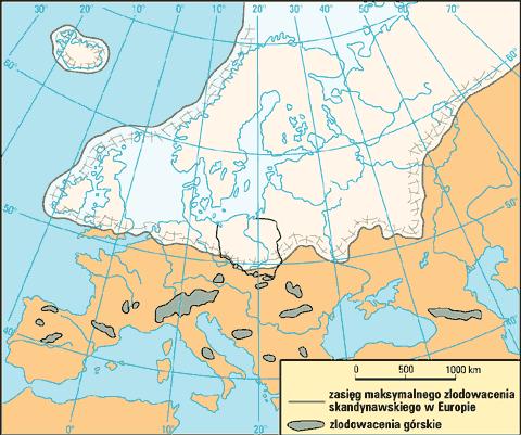 Zadanie 16 (3 p.) Mapa przedstawia zasięg maksymalnego zlodowacenia skandynawskiego w Europie Źródło: http://www.wiking.edu.pl/ a.