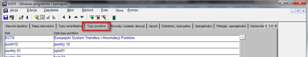 1.1 Dodawanie typów punktów. W nowo otwartym oknie wybieramy zakładkę Typu punktów (rys. 2) Rysunek 2 Klikamy lewym przyciskiem myszy na listę poniżej (rys. 3, ozn.