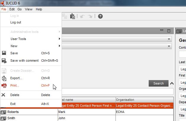 menu lub 2. kliknąć opcję File (Plik) w lewym górnym rogu okna programu IUCLID i wybrać z menu polecenie Print (Drukuj).